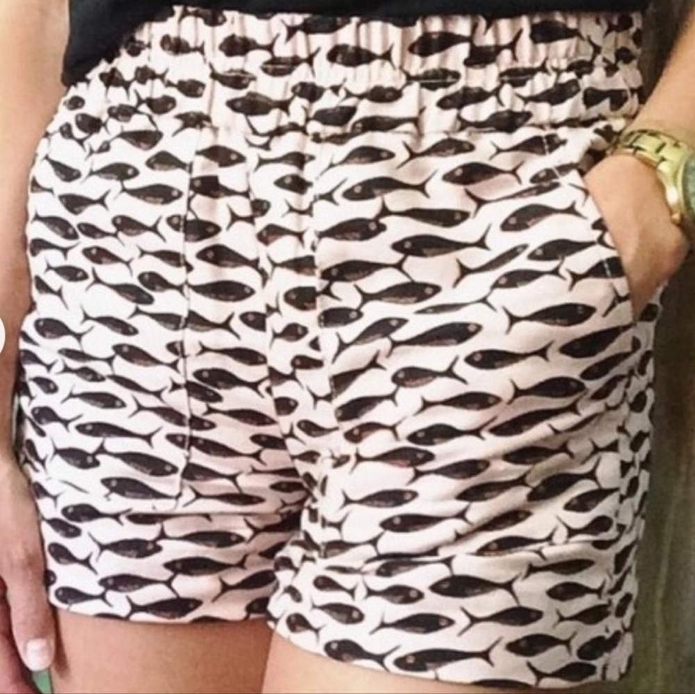 J Crew Pull On Minnow Shorts Pink and Black  Linen Cotton Blend Size Large